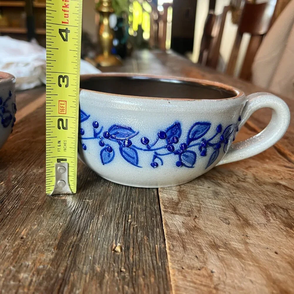 Vintage 2 Chowder Bowls Salmon Falls Stoneware Salt Glaze Pottery Blueberry Vine - Picture 8 of 8